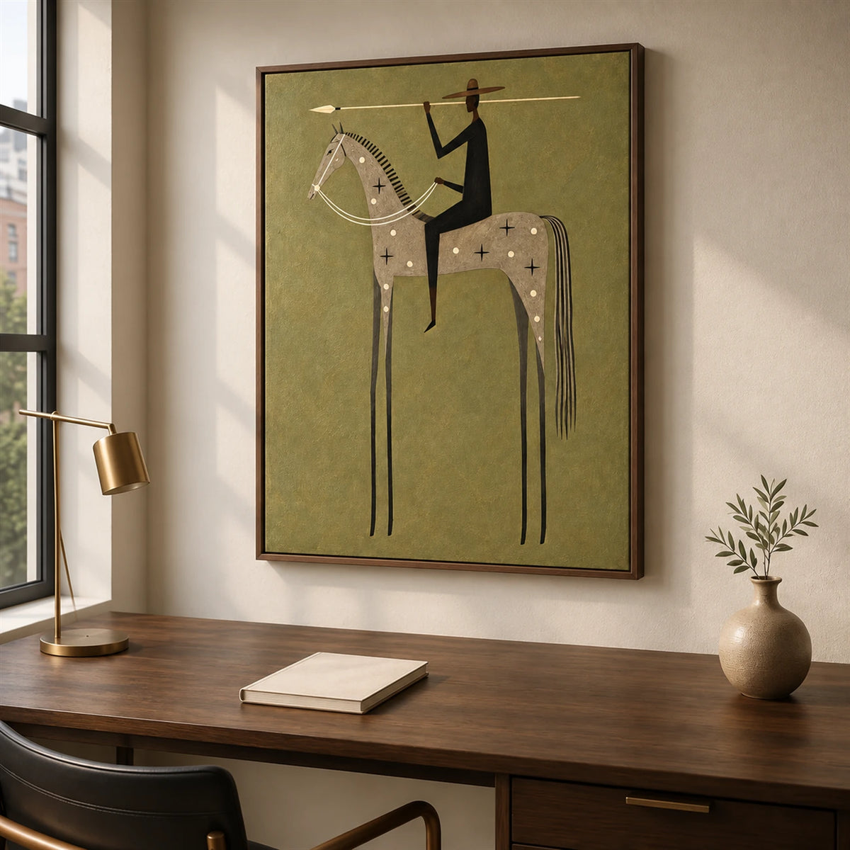 Starbound Rider artwork displayed above a desk beside a bright window.