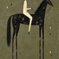 Midnight Sentinel full artwork. A rider in ivory clothing and a broad pale hat sits on a black horse against a muted olive background.