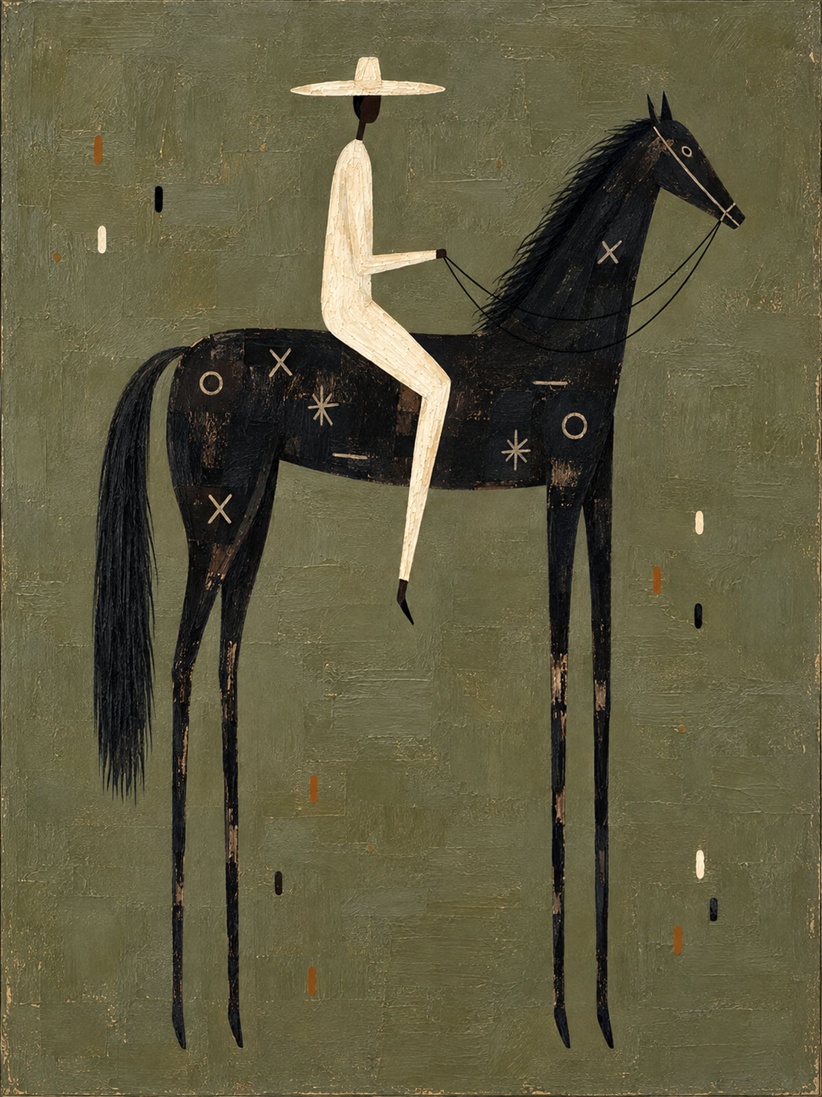Midnight Sentinel full artwork. A rider in ivory clothing and a broad pale hat sits on a black horse against a muted olive background.