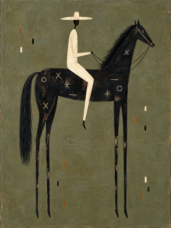 Midnight Sentinel full artwork. A rider in ivory clothing and a broad pale hat sits on a black horse against a muted olive background.