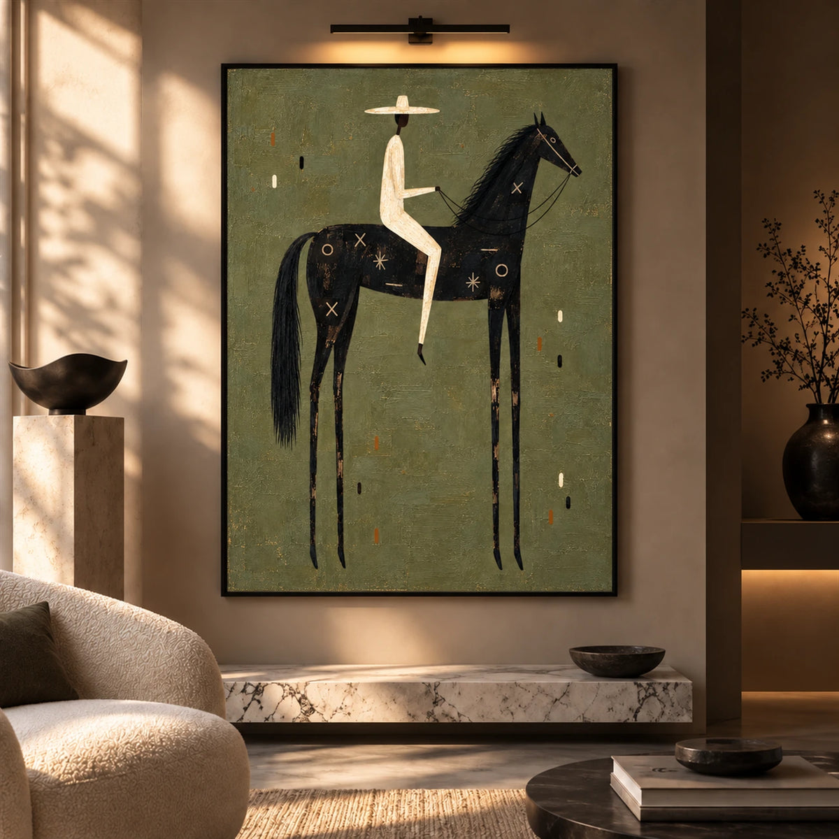 Midnight Sentinel artwork displayed above a sofa in a softly lit neutral room.