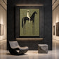 Midnight Sentinel artwork displayed above a sculptural lounge chair in a gray interior.