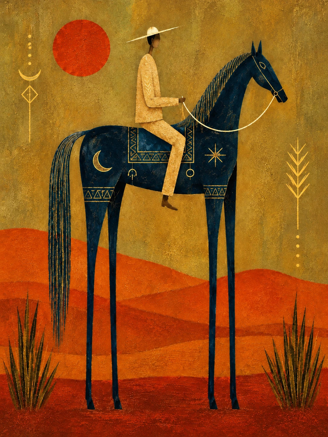 Solar Rider full artwork. A pale rider sits on an indigo horse beneath a rust-red sun.