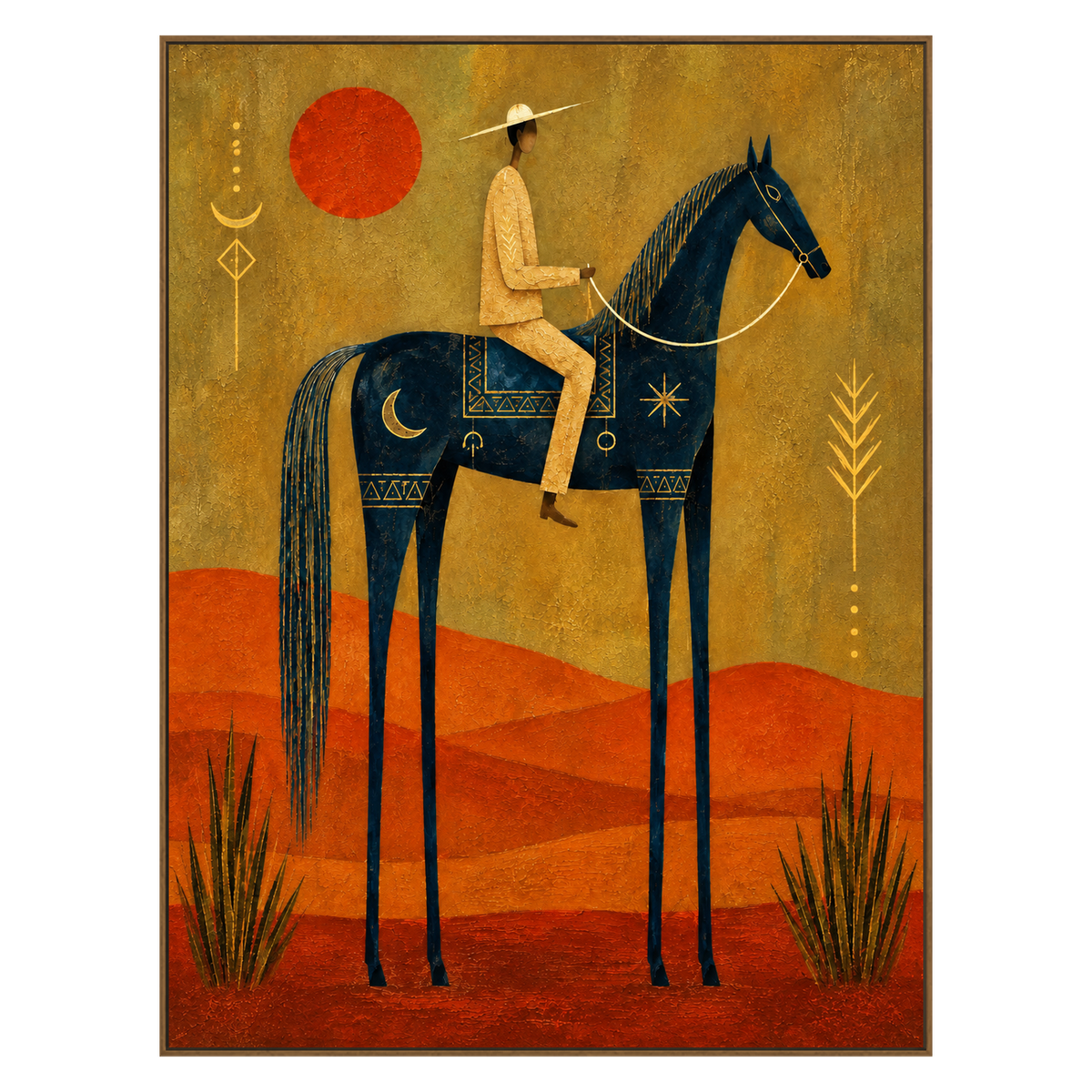 Solar Rider artwork in a natural wood frame on a transparent background.