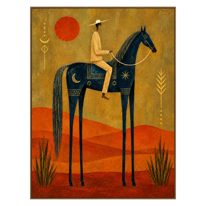 Solar Rider artwork in a natural wood frame on a transparent background.