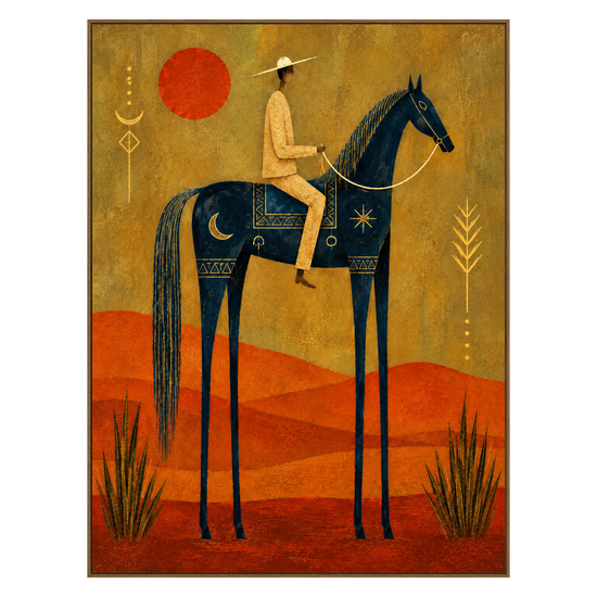 Solar Rider artwork in a natural wood frame on a transparent background.