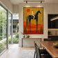 Solar Rider artwork displayed above a console beside a dining table and garden windows.
