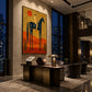 Solar Rider artwork displayed above a desk beside evening city windows.