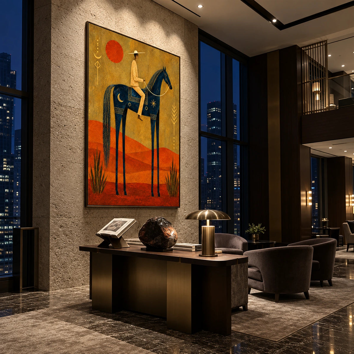 Solar Rider artwork displayed above a desk beside evening city windows.