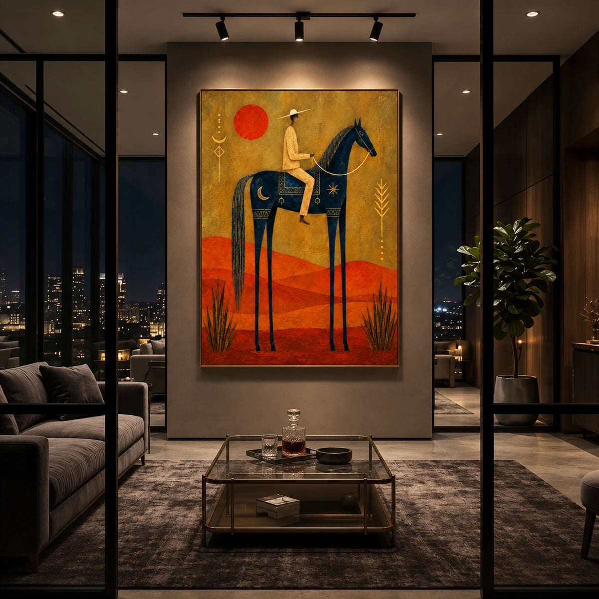 Solar Rider artwork displayed above a sofa and low coffee table in an evening interior.