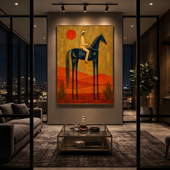 Solar Rider artwork displayed above a sofa and low coffee table in an evening interior.