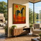 Solar Rider artwork displayed above a wooden sideboard beside bright garden windows.