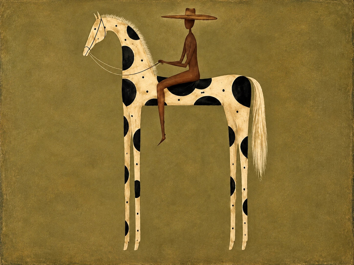 Spotted Sentinel full artwork. A slender rider sits on a cream horse patterned with bold black spots against a textured olive field.