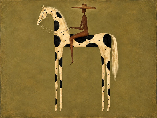 Spotted Sentinel full artwork. A slender rider sits on a cream horse patterned with bold black spots against a textured olive field.