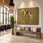 Spotted Sentinel artwork displayed above a cushioned wooden bench in an arched interior.