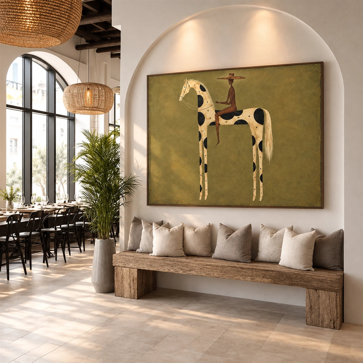 Spotted Sentinel artwork displayed above a cushioned wooden bench in an arched interior.