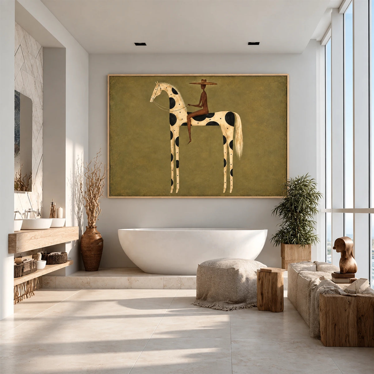 Spotted Sentinel artwork displayed above a bathtub beside bright windows.