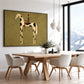 Spotted Sentinel artwork displayed above a dining table beside large windows.