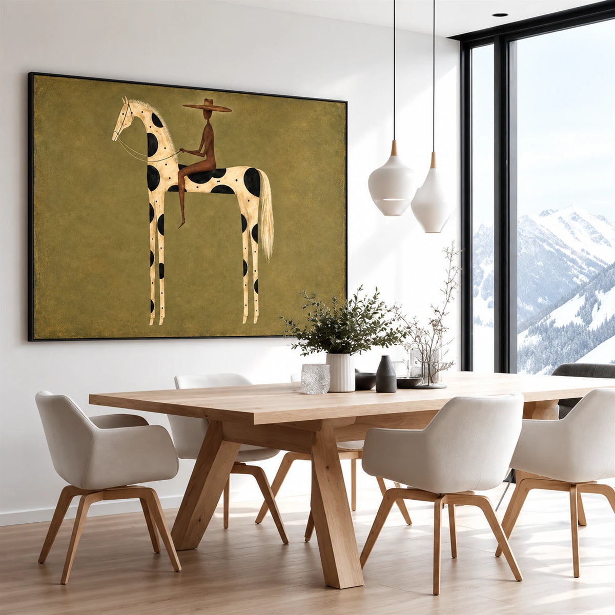 Spotted Sentinel artwork displayed above a dining table beside large windows.