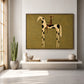 Spotted Sentinel artwork displayed above a low bench in a minimalist hallway.