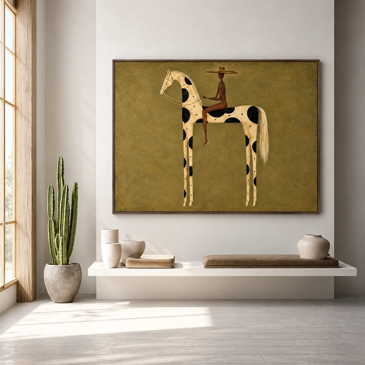 Spotted Sentinel artwork displayed above a low bench in a minimalist hallway.