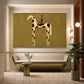 Spotted Sentinel artwork displayed above a green bathtub in a softly lit bathroom.