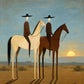 Sundown Companions full artwork. Two riders on cream and chestnut horses meet beneath a pale blue evening sky.