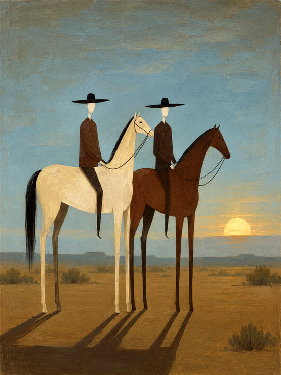 Sundown Companions full artwork. Two riders on cream and chestnut horses meet beneath a pale blue evening sky.