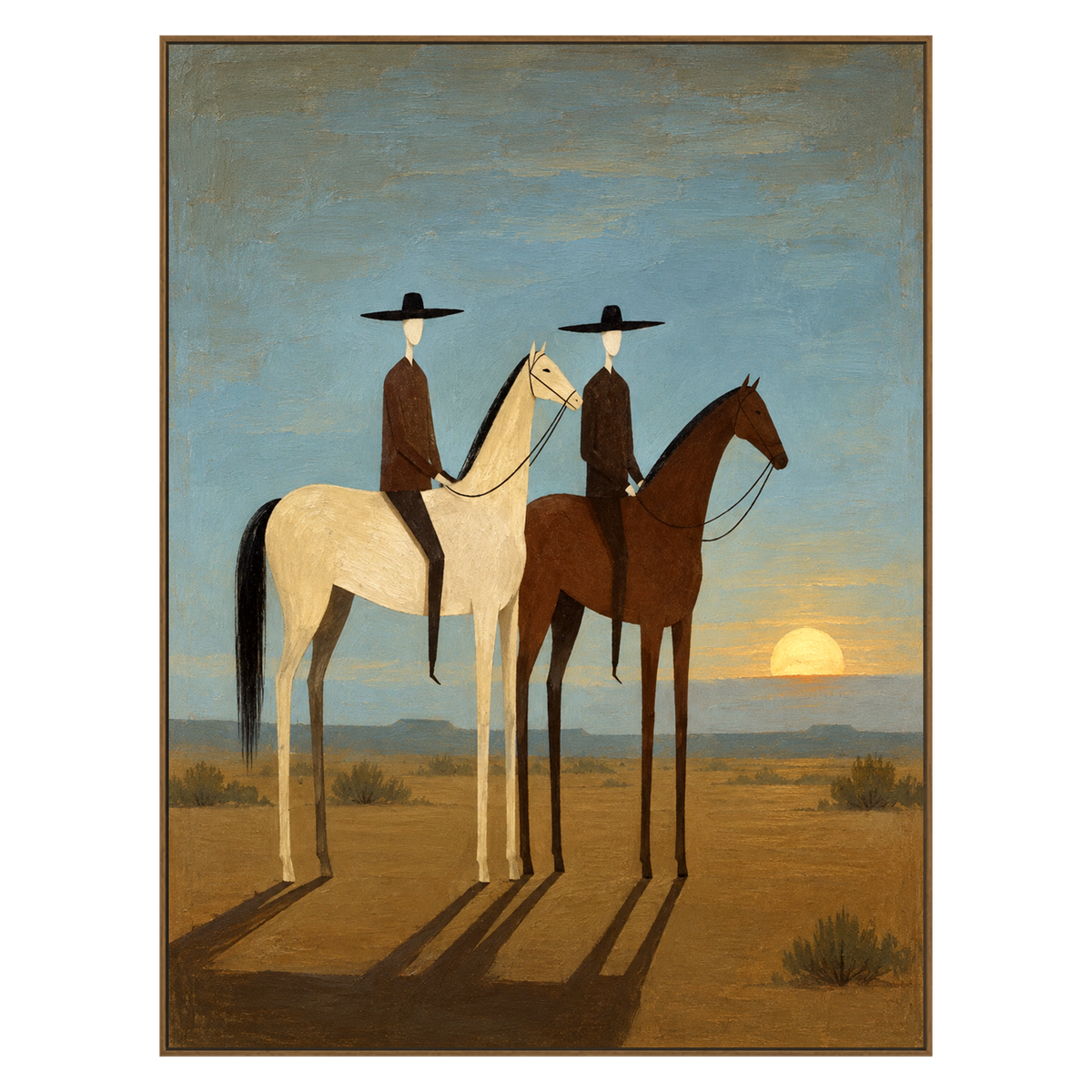 Sundown Companions artwork in a natural wood frame on a transparent background.