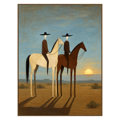 Sundown Companions artwork in a natural wood frame on a transparent background.
