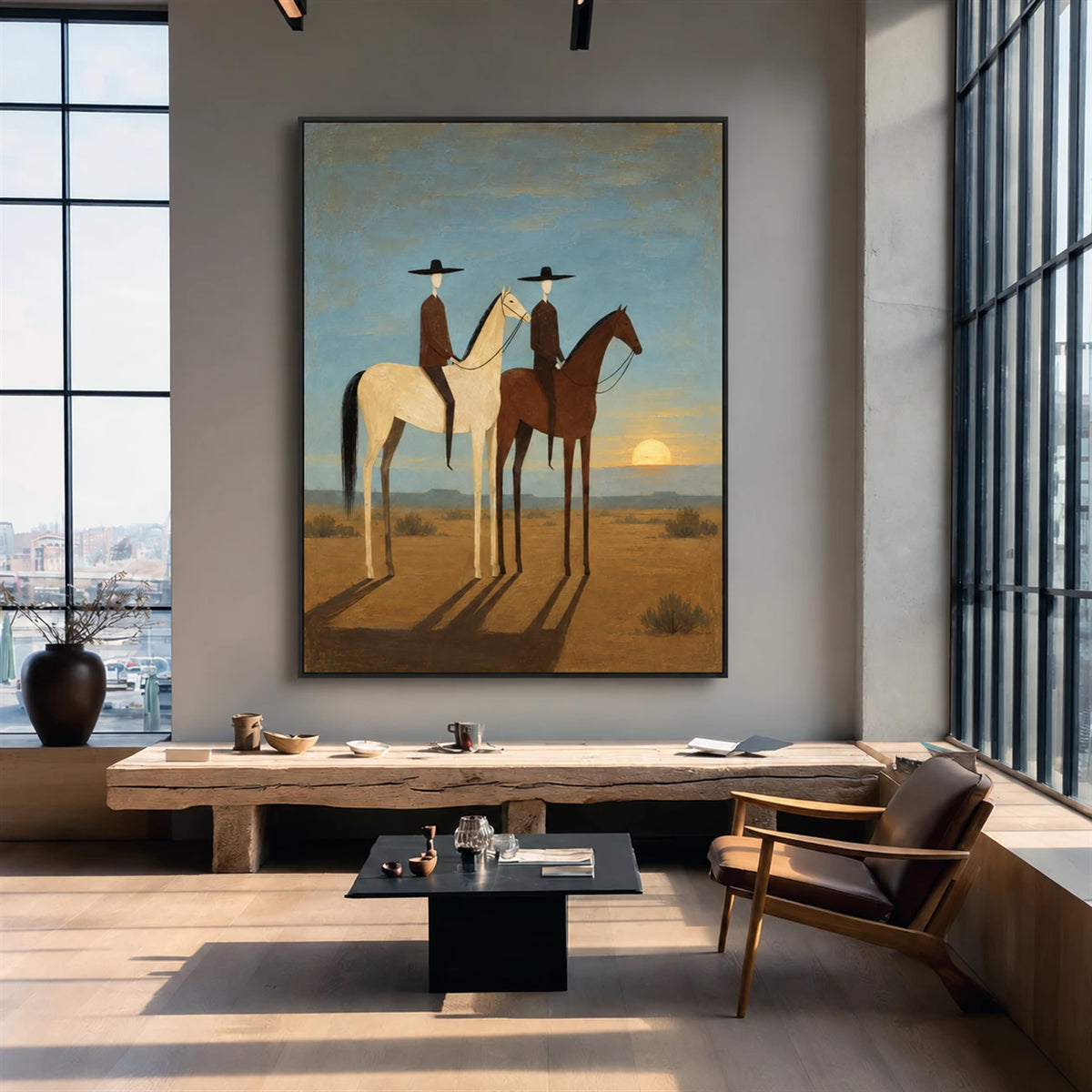 Sundown Companions artwork displayed above a sofa in a double-height living room.