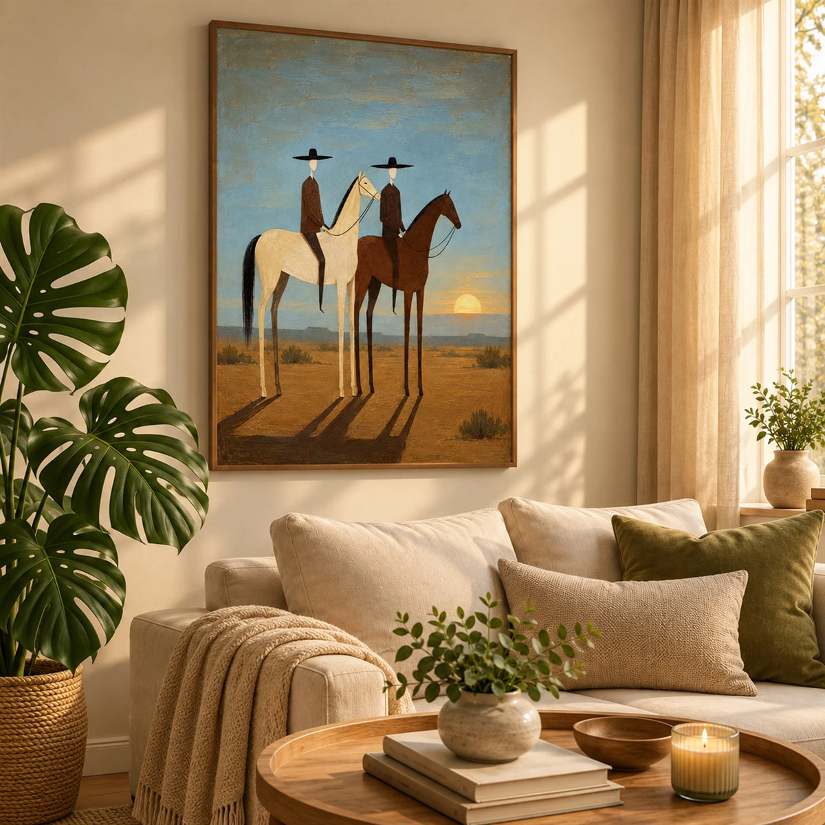Sundown Companions artwork displayed above a sofa beside a bright window.