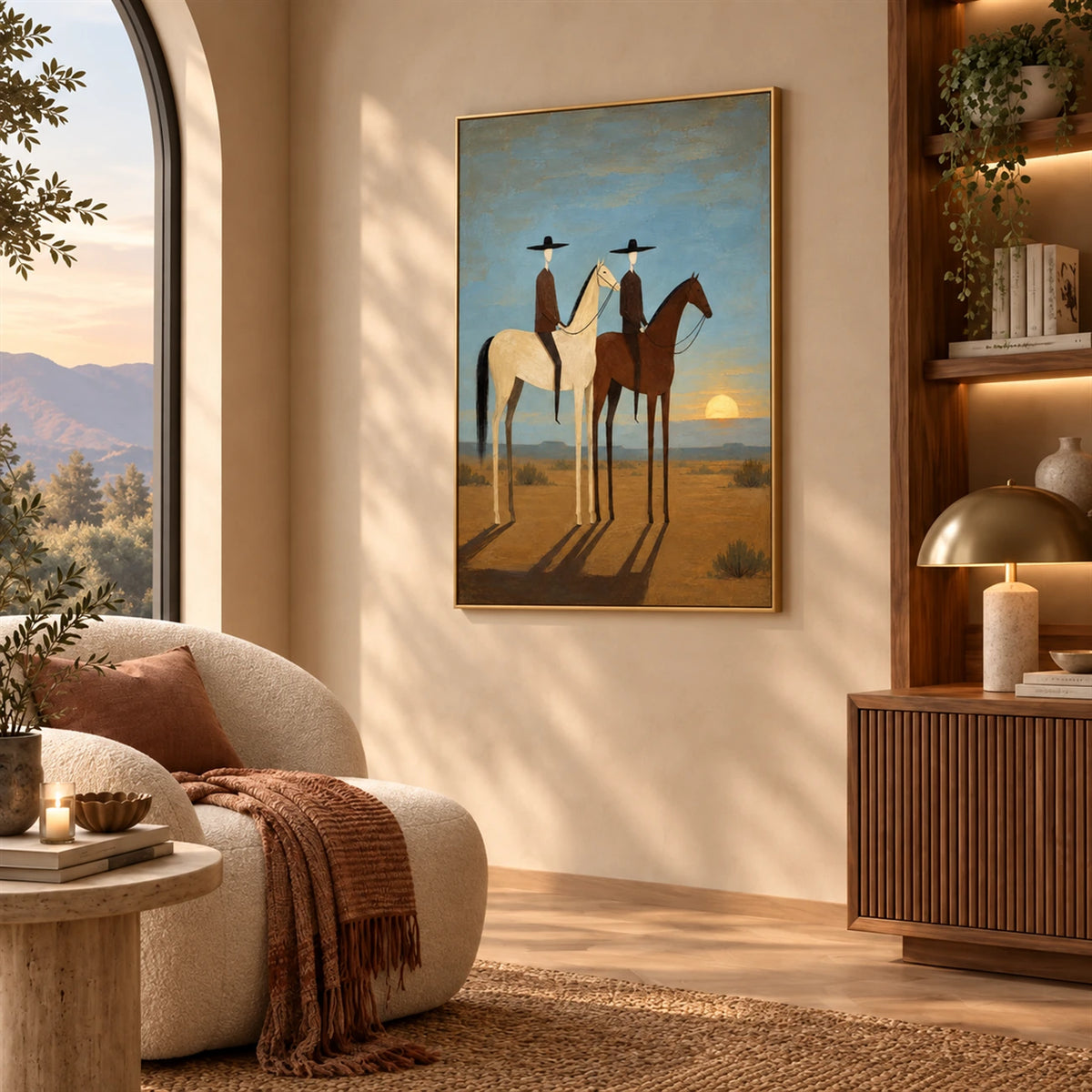 Sundown Companions artwork displayed above a lounge chair in warm sunlight.
