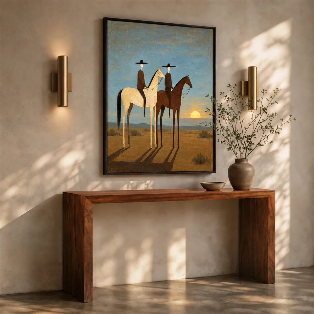 Sundown Companions artwork displayed above a wooden console between wall lights.