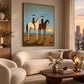 Sundown Companions artwork displayed above a curved sofa beside city-facing windows.