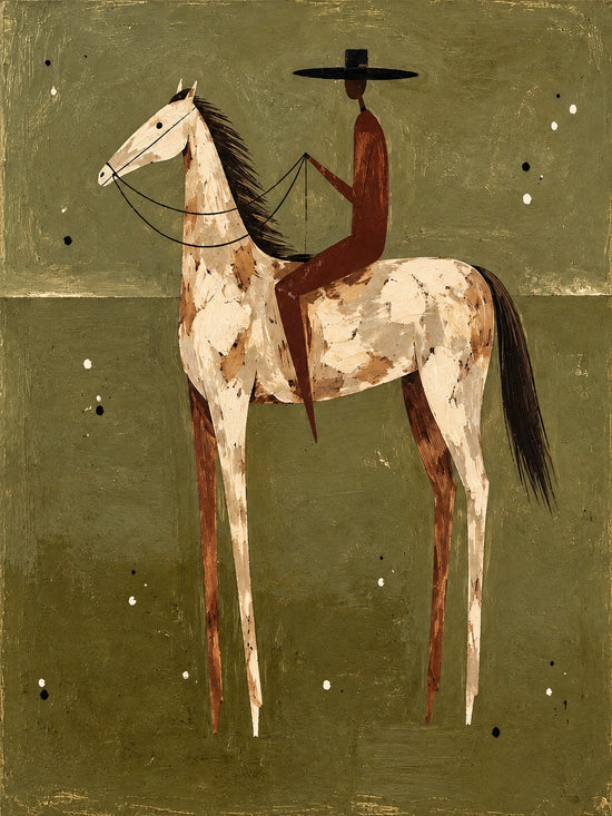Russet Rider full artwork. A rider in a russet coat sits on a pale horse with mottled brown markings.