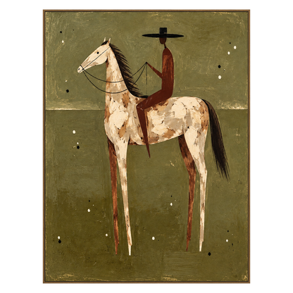 Russet Rider artwork in a natural wood frame on a transparent background.