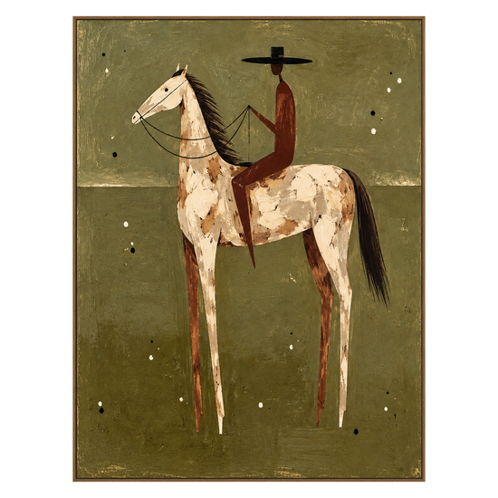 Russet Rider artwork in a natural wood frame on a transparent background.