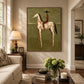 Russet Rider artwork displayed above a sofa beside a tall window.