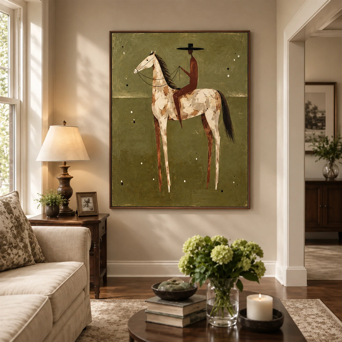 Russet Rider artwork displayed above a sofa beside a tall window.