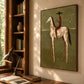Russet Rider artwork displayed above a desk and leather chair beside bookshelves.