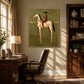 Russet Rider artwork displayed above a desk in a sunlit wood-paneled room.