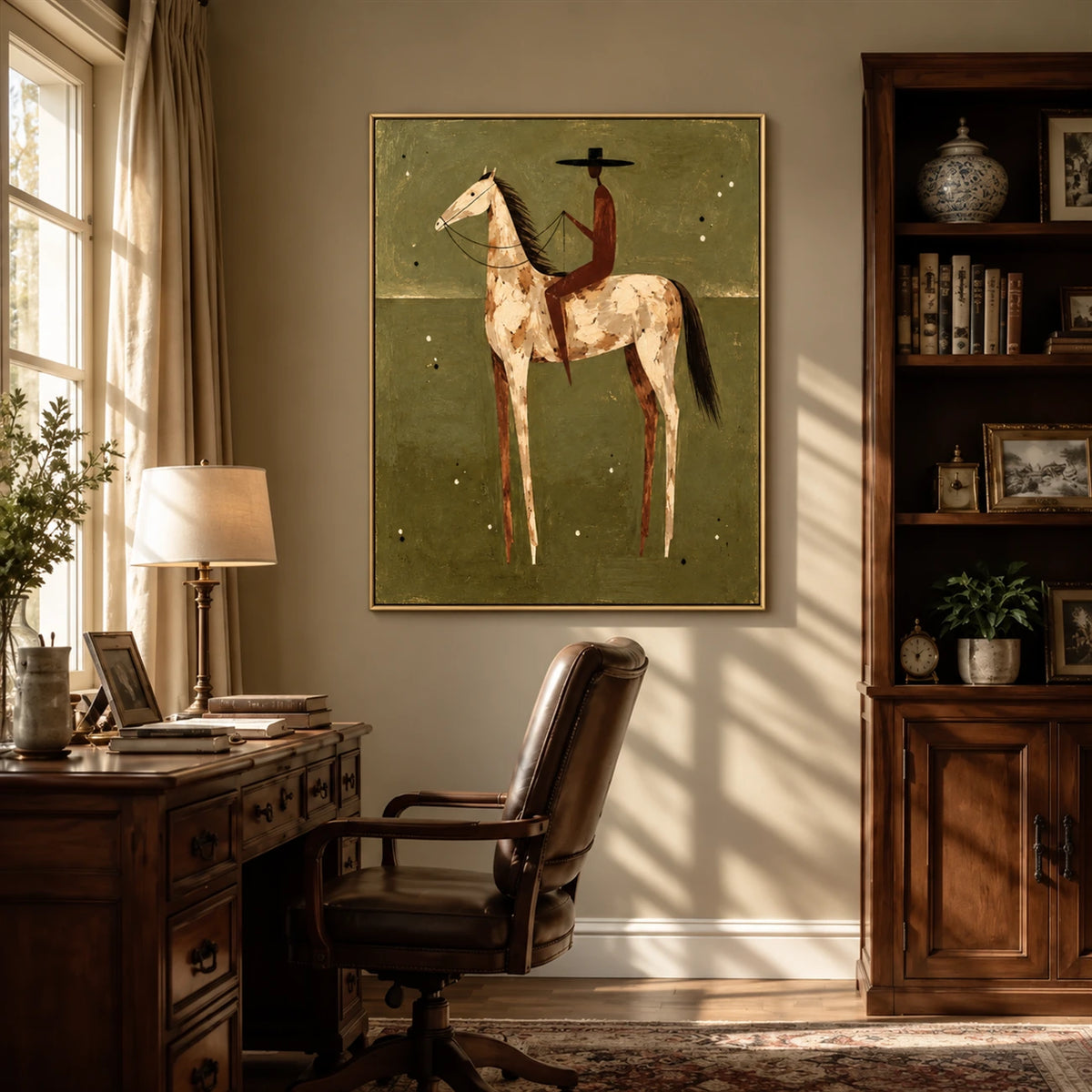 Russet Rider artwork displayed above a desk in a sunlit wood-paneled room.