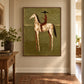 Russet Rider artwork displayed above a cushioned bench beside tall windows.