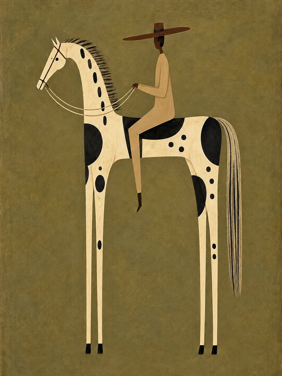 Dappled Rider full artwork. A rider in warm cream clothing sits on a pale horse with irregular black markings against an olive background.