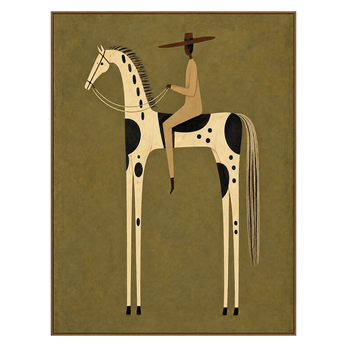 Dappled Rider artwork in a natural wood frame on a transparent background.
