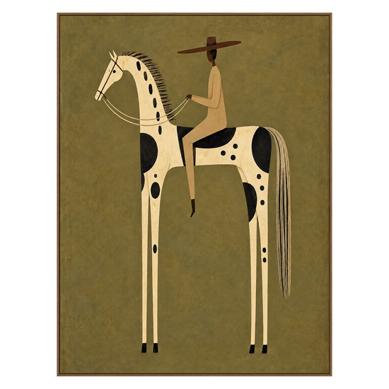 Dappled Rider artwork in a natural wood frame on a transparent background.