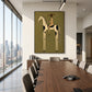 Dappled Rider artwork displayed above a sideboard beside a dining table and city windows.