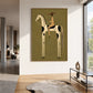 Dappled Rider artwork displayed on a tall white wall beside a stair railing.
