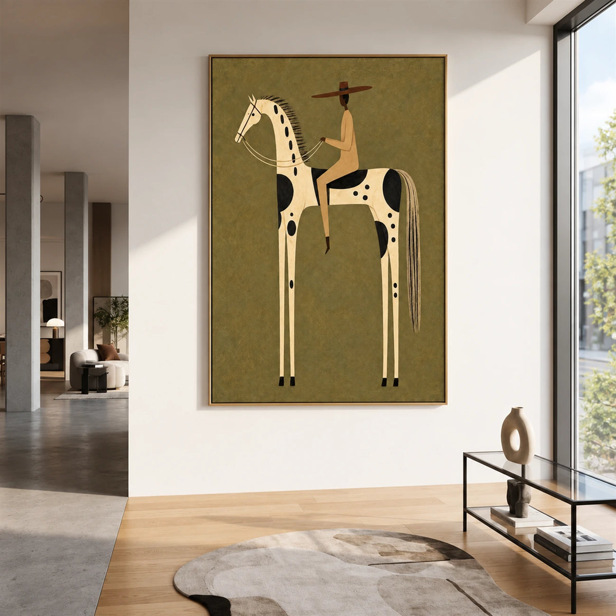 Dappled Rider artwork displayed on a tall white wall beside a stair railing.